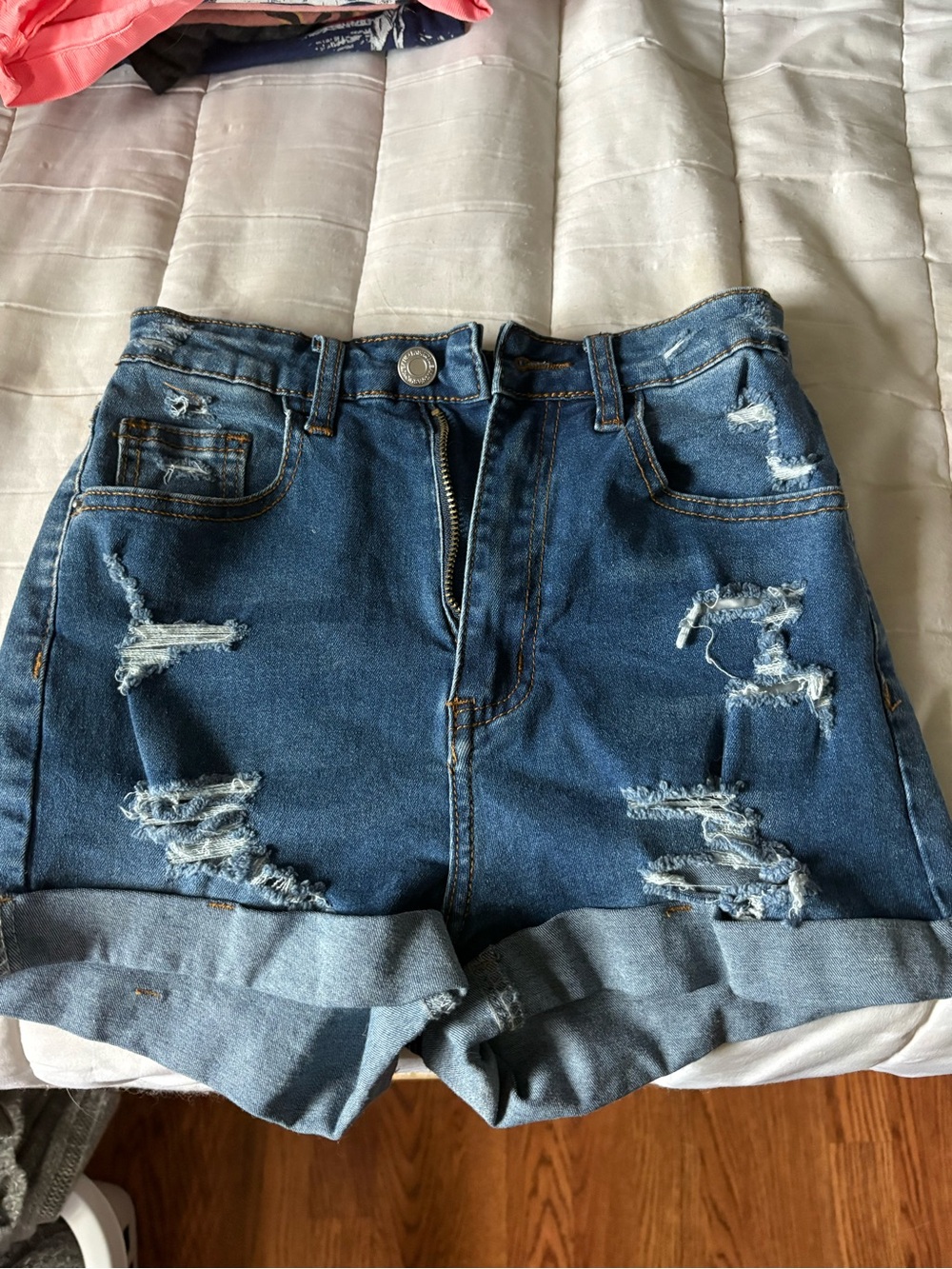 SHEIN Distressed Rolled-Hem Denim Shorts - Blue